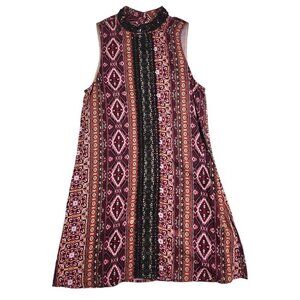Trixxi BOHO sleeveless, high neck geometric mini dress with lace, size small